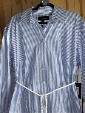 11 Honore Blue and White Striped Long Sleeve Shirt Dress